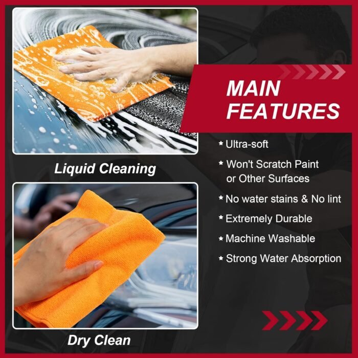 Microfiber Cleaning Cloth Towels for Car, Highly Absorbent Cleaning Rag Washable Reusable Multi-Purpose Wiper Cloths for Wash Car Home Pet Drying Dusting (Orange) - H44 - Image 3