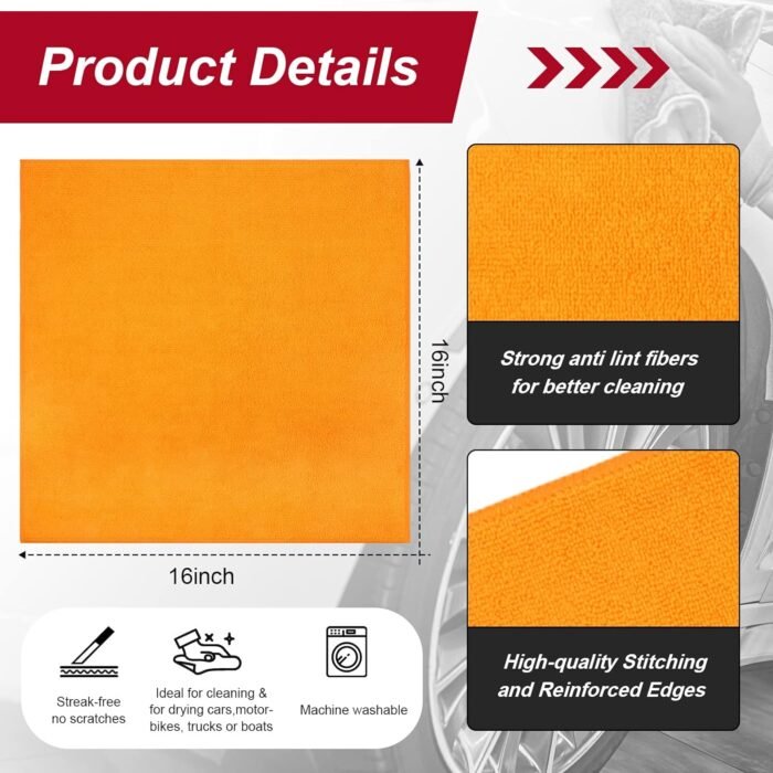 Microfiber Cleaning Cloth Towels for Car, Highly Absorbent Cleaning Rag Washable Reusable Multi-Purpose Wiper Cloths for Wash Car Home Pet Drying Dusting (Orange) - H44